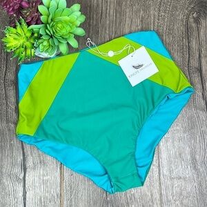 NWT Kinilife Swimwear Cait Bottoms Reversible Teal Green Medium High Waist Retro